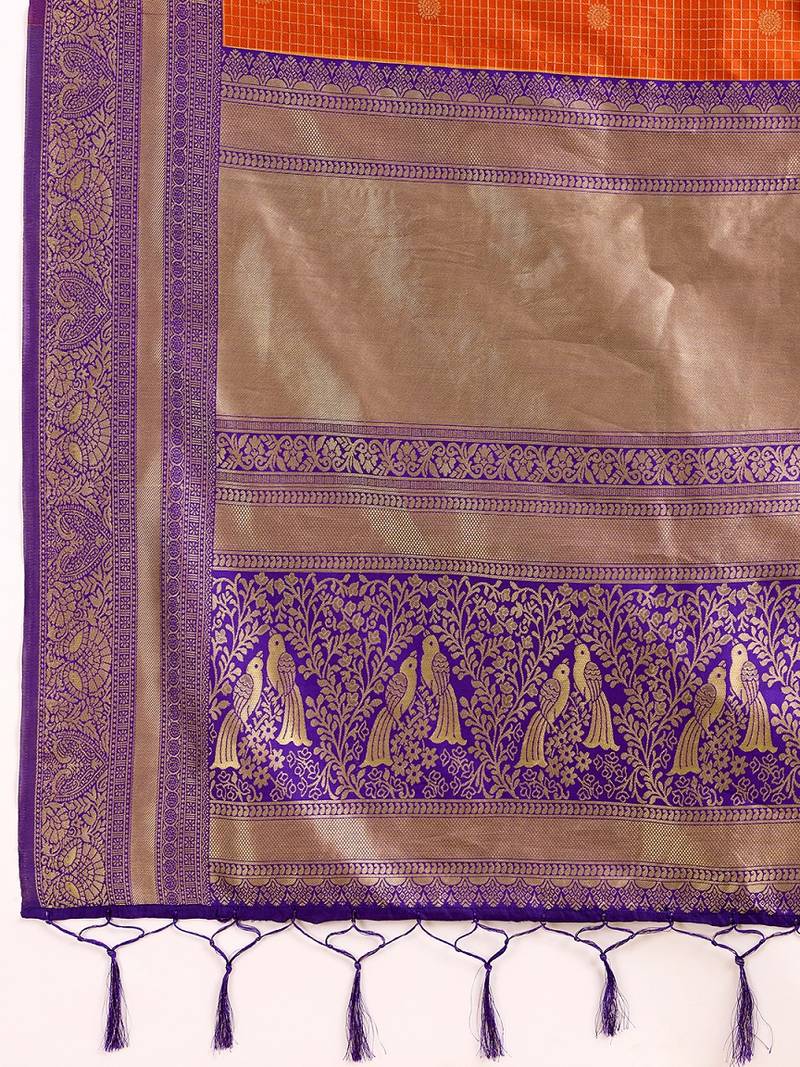 Orange Purple Jacquard Silk Woven Zari Work Rich Pallu Traditional Saree With Unstitch Blose Piece