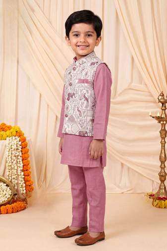 Boys dusty pink pure cotton heritage motif jacquard waistcoat with kurta & trouser set