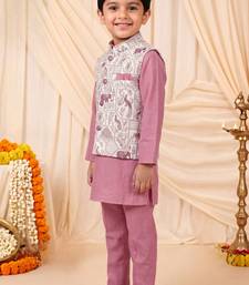 Boys dusty pink pure cotton heritage motif jacquard waistcoat with kurta & trouser set