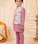 Boys dusty pink pure cotton heritage motif jacquard waistcoat with kurta & trouser set