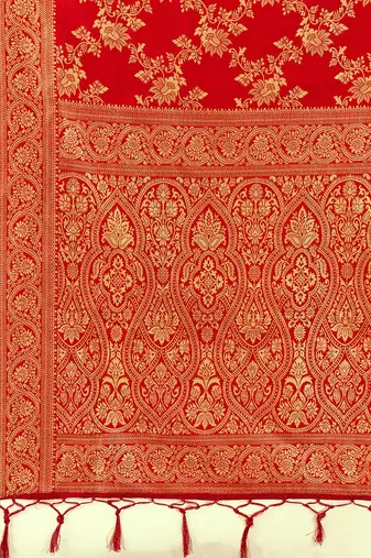 Jacquard Silk Woven Zari Work Red Traditional Ethnic Wear Saree With Unstitch Blouse Piece