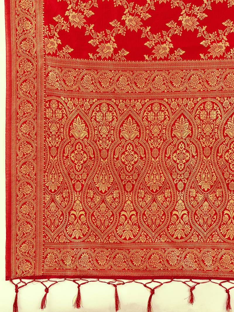 Jacquard Silk Woven Zari Work Red Traditional Ethnic Wear Saree With Unstitch Blouse Piece