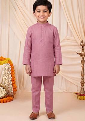 Boys dusty pink pure cotton heritage motif jacquard waistcoat with kurta & trouser set 5