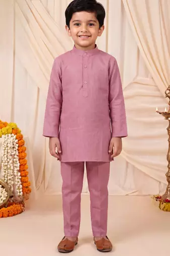 Boys dusty pink pure cotton heritage motif jacquard waistcoat with kurta & trouser set