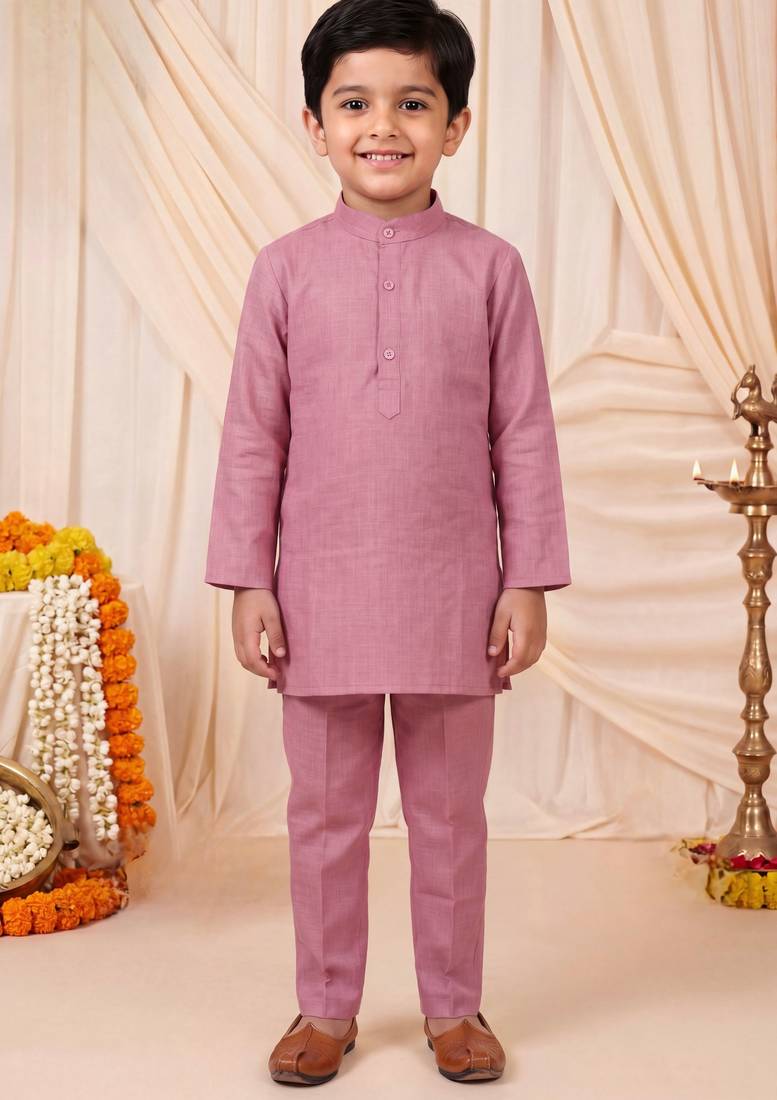 Boys dusty pink pure cotton heritage motif jacquard waistcoat with kurta & trouser set