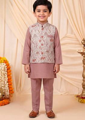 Boys mauve pure cotton heritage motif jacquard waistcoat with kurta & trouser set 1