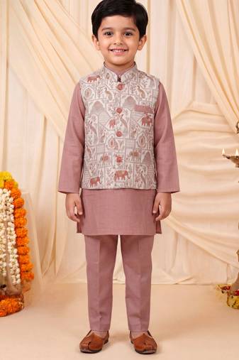 Boys mauve pure cotton heritage motif jacquard waistcoat with kurta & trouser set