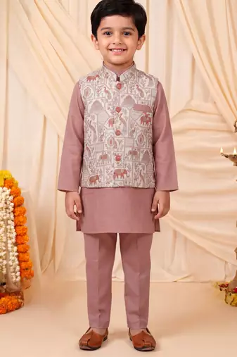 Boys mauve pure cotton heritage motif jacquard waistcoat with kurta & trouser set