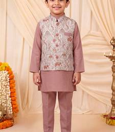 Boys mauve pure cotton heritage motif jacquard waistcoat with kurta & trouser set