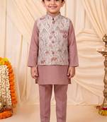 Boys mauve pure cotton heritage motif jacquard waistcoat with kurta & trouser set