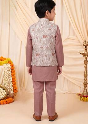 Boys mauve pure cotton heritage motif jacquard waistcoat with kurta & trouser set 2