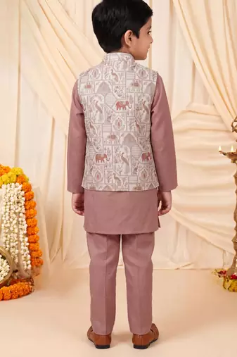Boys mauve pure cotton heritage motif jacquard waistcoat with kurta & trouser set