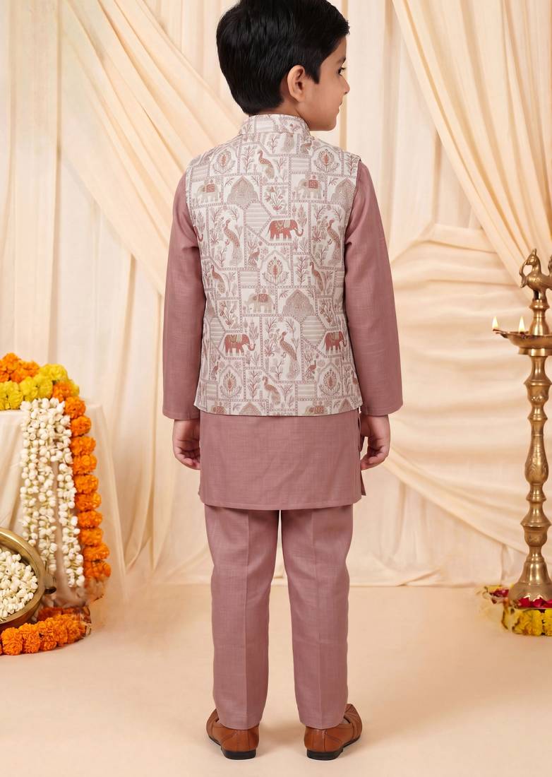 Boys mauve pure cotton heritage motif jacquard waistcoat with kurta & trouser set