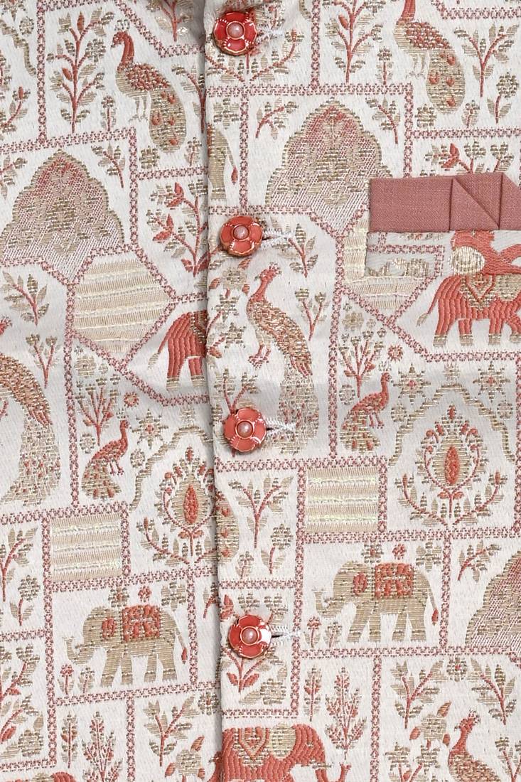 Boys mauve pure cotton heritage motif jacquard waistcoat with kurta & trouser set