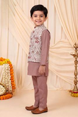 Boys mauve pure cotton heritage motif jacquard waistcoat with kurta & trouser set 4