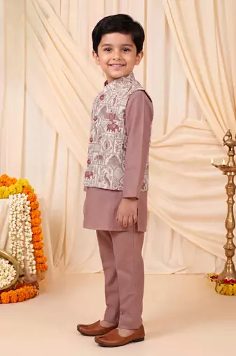 Boys mauve pure cotton heritage motif jacquard waistcoat with kurta & trouser set