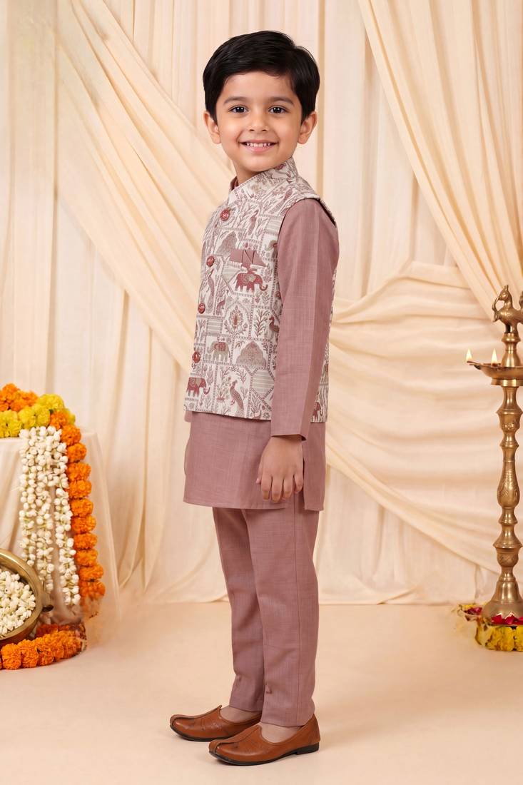 Boys mauve pure cotton heritage motif jacquard waistcoat with kurta & trouser set