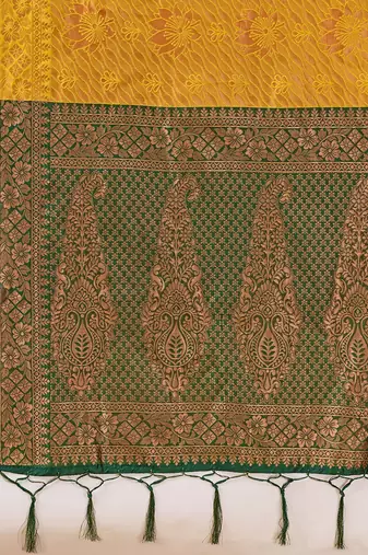 Golden Jacquard Silk Saree With Green Border & Zari Work Pallu With Unstitched Blouse Piece