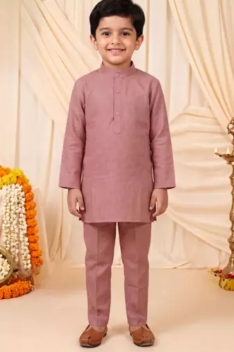 Boys mauve pure cotton heritage motif jacquard waistcoat with kurta & trouser set