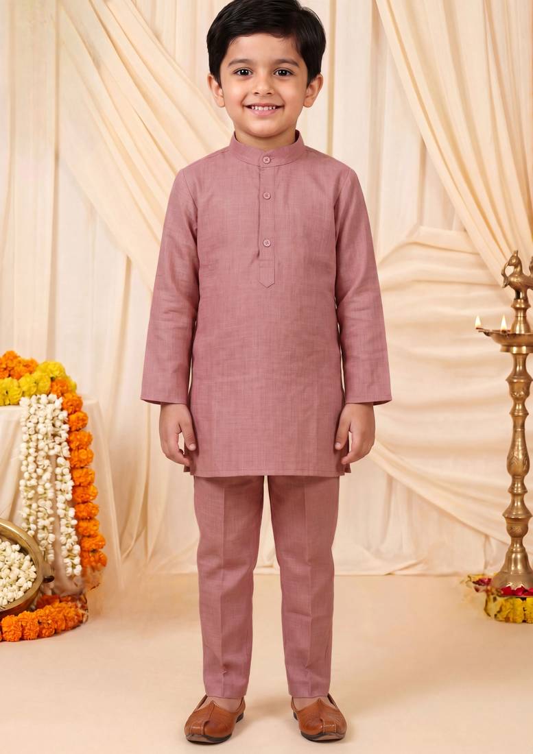 Boys mauve pure cotton heritage motif jacquard waistcoat with kurta & trouser set