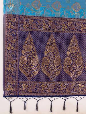 Blue Jacquard Silk Saree With Rich Zari Work Border With Unstitched Blouse Piece 6