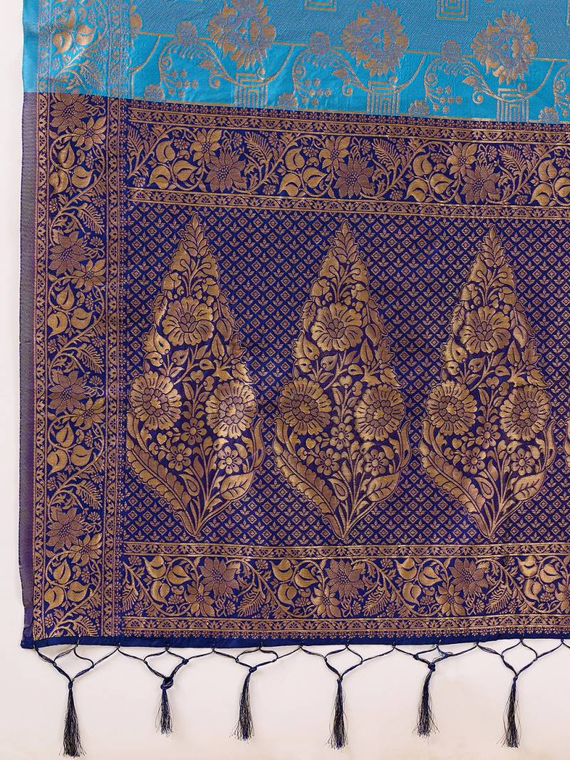 Blue Jacquard Silk Saree With Rich Zari Work Border With Unstitched Blouse Piece