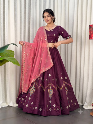 Wine silk blend Embroidered Lehenga Choli with Peach Dupatta 1