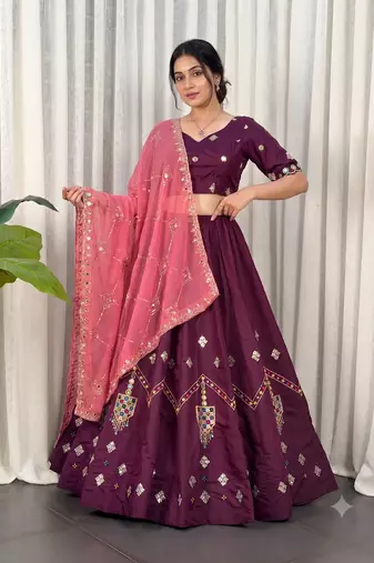 Wine silk blend Embroidered Lehenga Choli with Peach Dupatta
