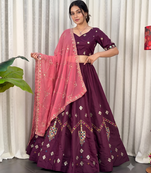 Wine silk blend Embroidered Lehenga Choli with Peach Dupatta