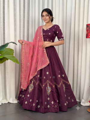Wine silk blend Embroidered Lehenga Choli with Peach Dupatta 2