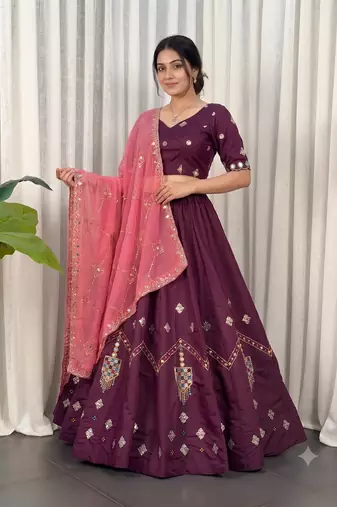 Wine silk blend Embroidered Lehenga Choli with Peach Dupatta