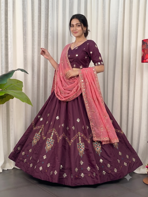 Wine silk blend Embroidered Lehenga Choli with Peach Dupatta 3