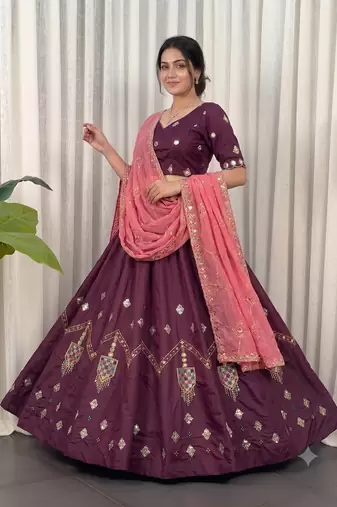 Wine silk blend Embroidered Lehenga Choli with Peach Dupatta