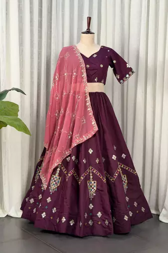 Wine silk blend Embroidered Lehenga Choli with Peach Dupatta