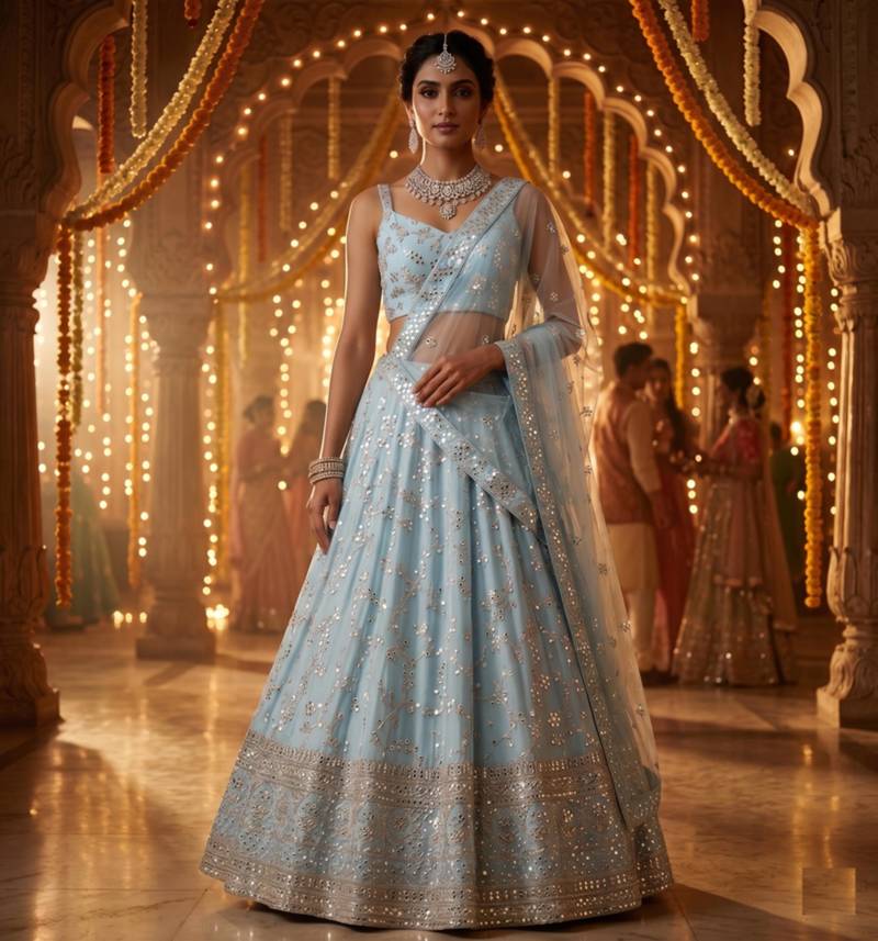 sky blue georgette embroidered designer lehenga-choli