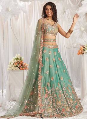green organza embroidered designer lehenga-choli 1