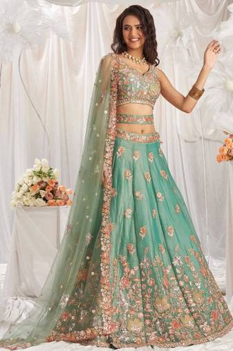 green organza embroidered designer lehenga-choli