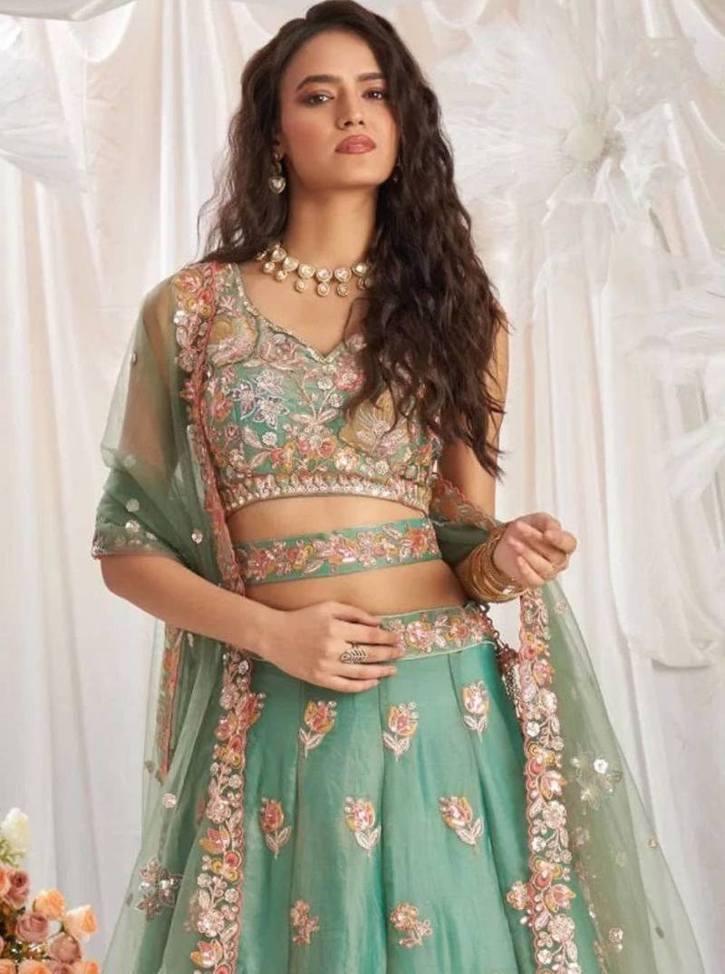 green organza embroidered designer lehenga-choli