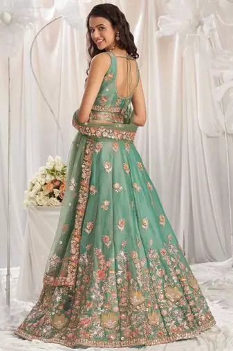 green organza embroidered designer lehenga-choli