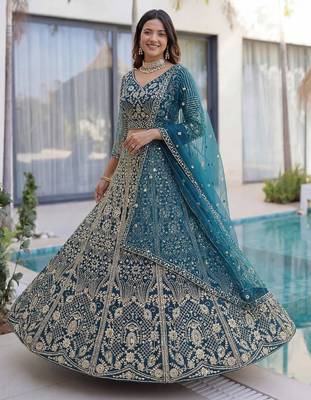 blue net embroidered designer lehenga-choli 1