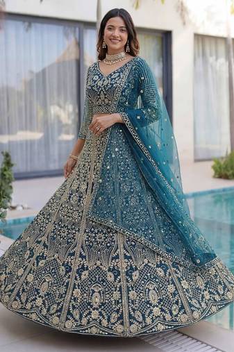blue net embroidered designer lehenga-choli