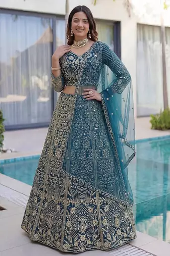 blue net embroidered designer lehenga-choli
