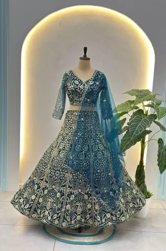 blue net embroidered designer lehenga-choli