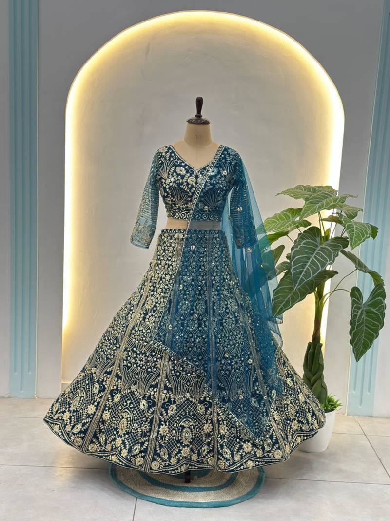 blue net embroidered designer lehenga-choli