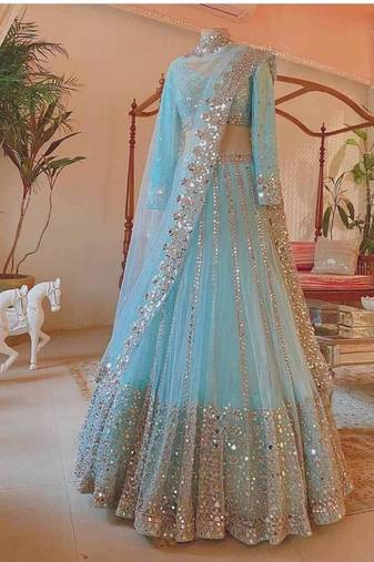 sky blue net embroidered designer lehenga-choli