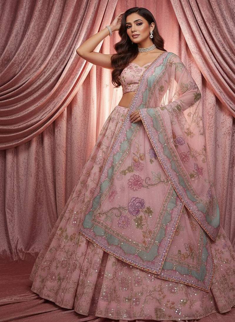pink silk embroidered designer lehenga-choli
