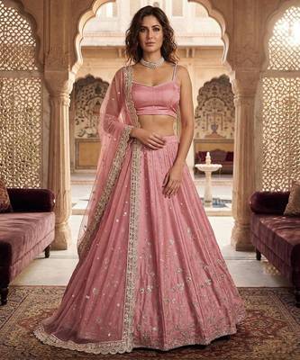 pink satin embroidered designer lehenga-choli 1