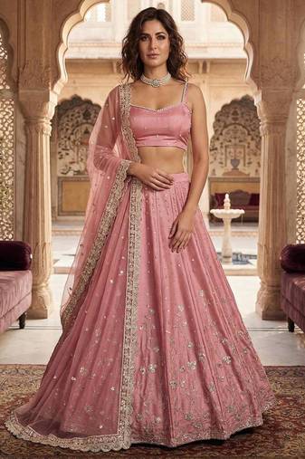 pink satin embroidered designer lehenga-choli