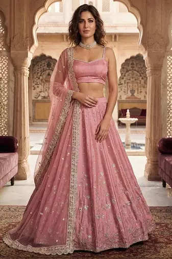 pink satin embroidered designer lehenga-choli