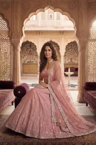 pink satin embroidered designer lehenga-choli
